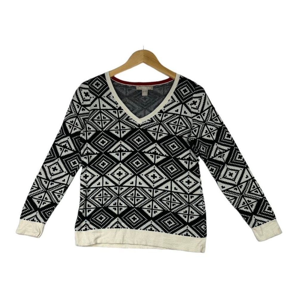 Banana Republic Sweater Women Medium Black Geo 100% Cotton Deep V Neck Pullover